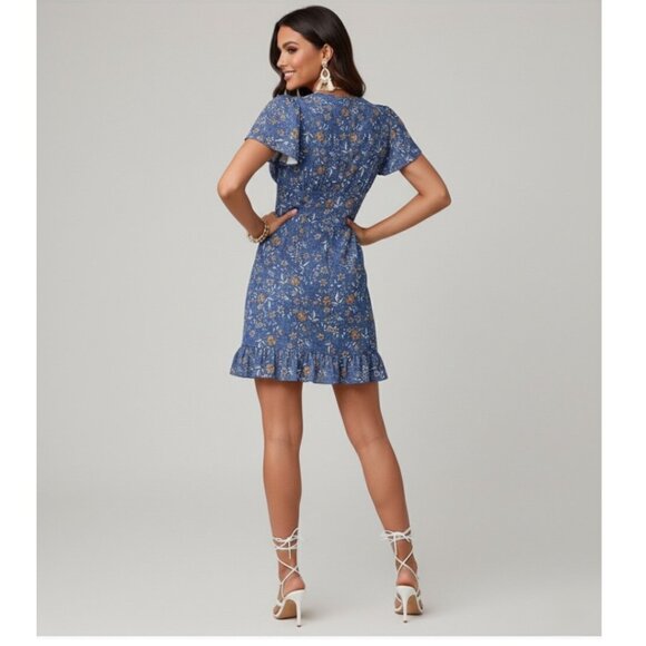 Ditsy Floral V-Neck Mini Dress Blue - Picture 3 of 5